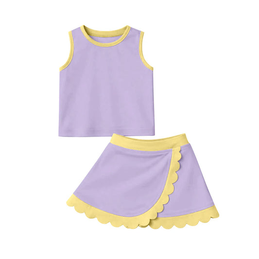 Best Sell Baby Girls Sleeveless Lavender Scallop Edge Vest And Skirt Set Active Yoga Clothes Preorder Short Outfit for Toddlers