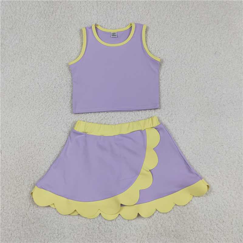 RTS NO MOQ Sibling yoga fabric Baby Girls Sleeveless Vest Scallop Skirt Short Yoga Active  Set