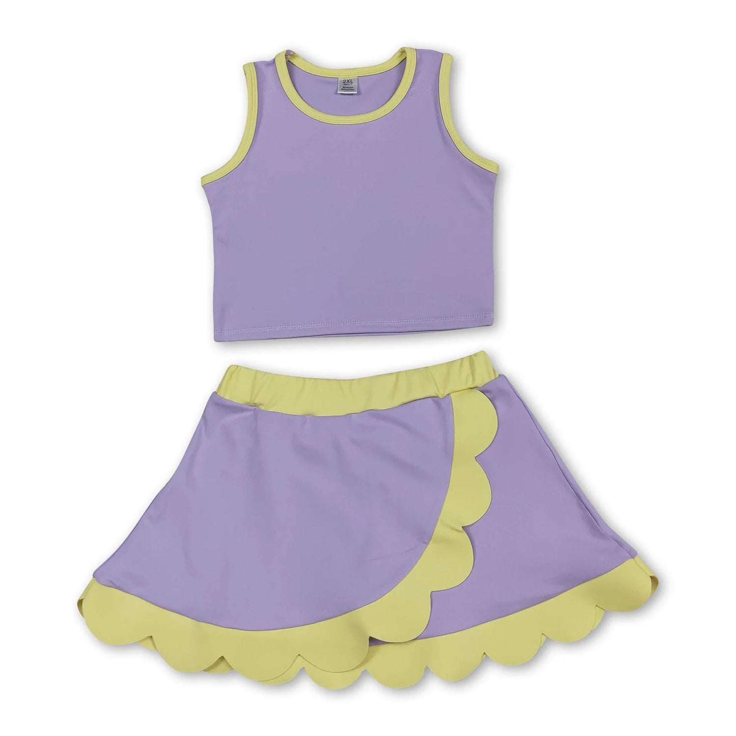 RTS NO MOQ Sibling milk silk Baby Girls Solid Sleeveless Vest Top Scallop Hem Mini Skirt Two Piece Yoga Active Matching Clothes Set