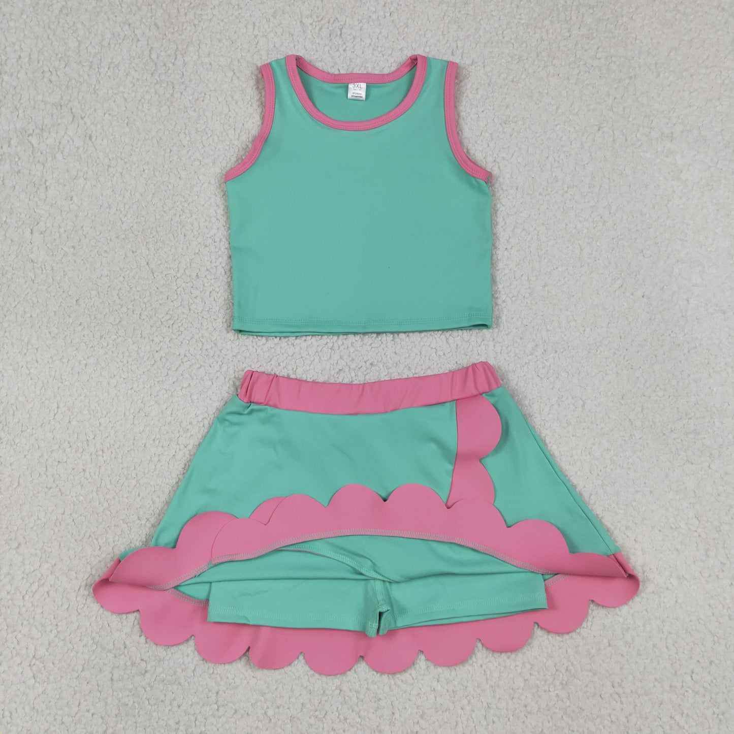 RTS NO MOQ yoga fabric cotton GSD4012 Yoga Baby Girls Cute Sleeveless Light Blue Vest Scallop Skirt Yoga Set