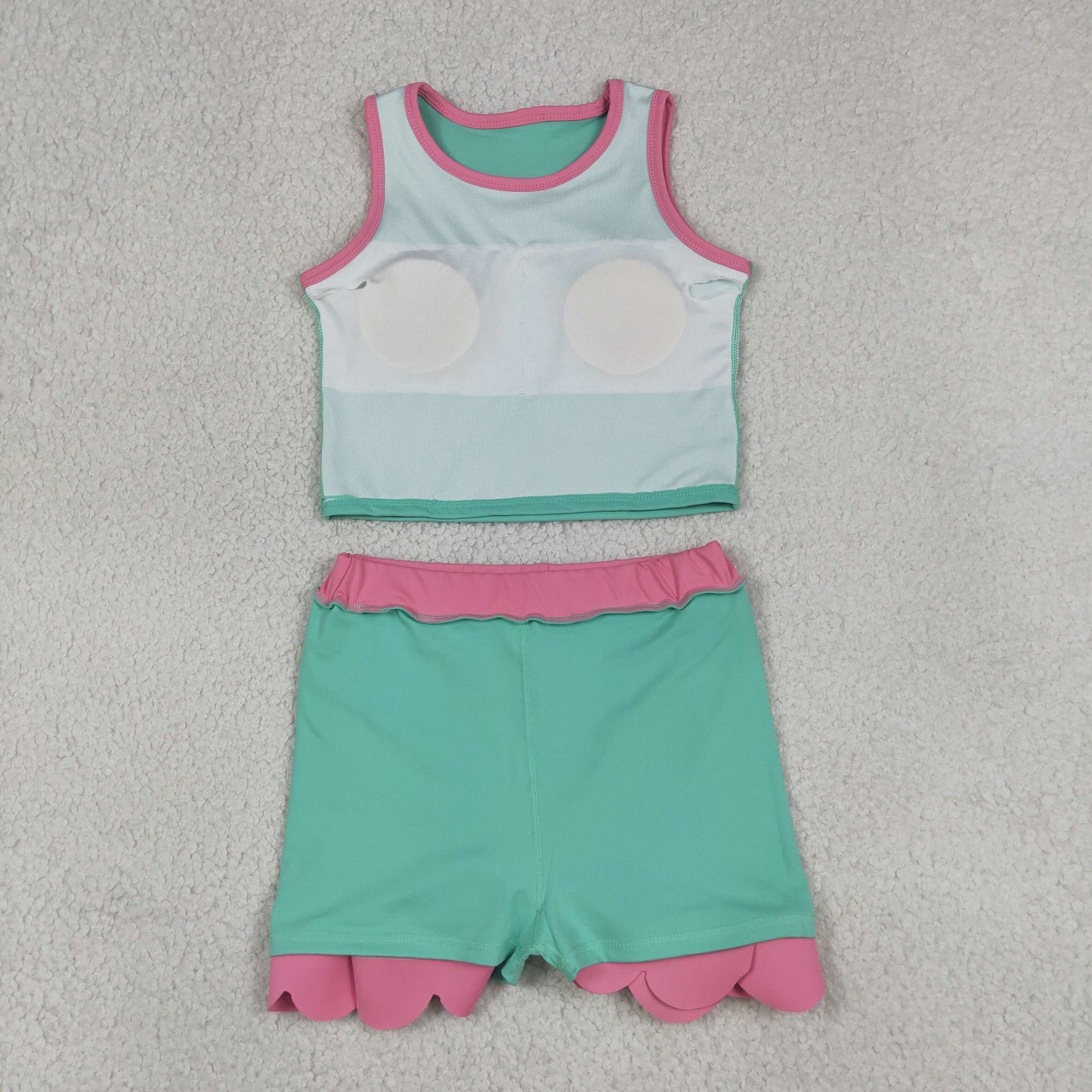 RTS NO MOQ yoga fabric cotton GSD4012 Yoga Baby Girls Cute Sleeveless Light Blue Vest Scallop Skirt Yoga Set