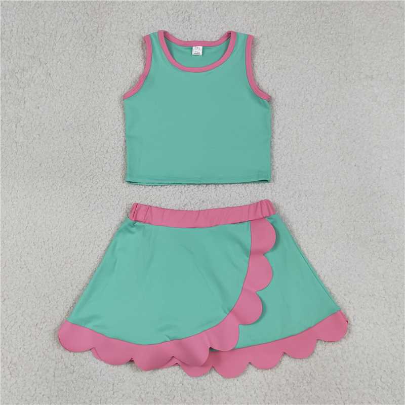 RTS NO MOQ Sibling yoga fabric Baby Girls Sleeveless Vest Scallop Skirt Short Yoga Active  Set