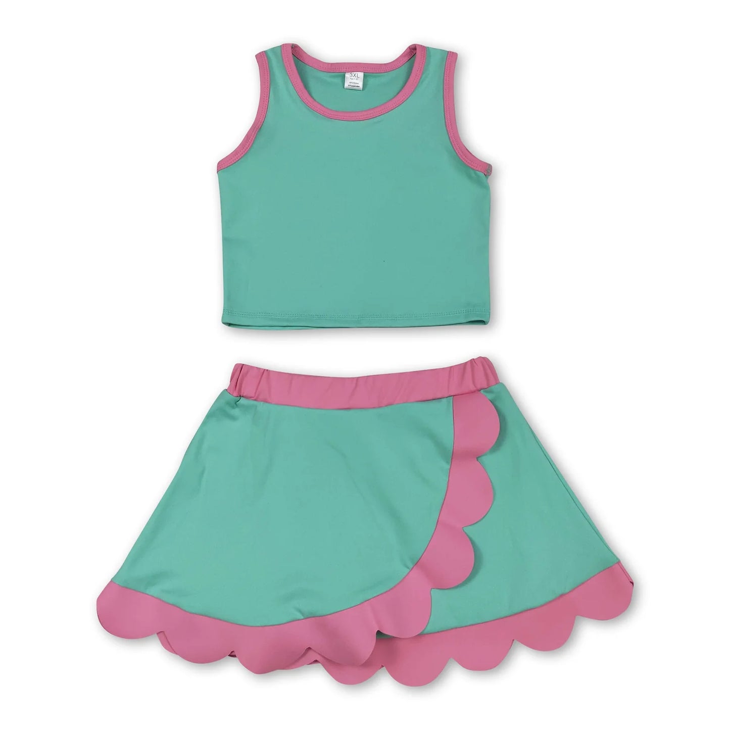 RTS NO MOQ Sibling milk silk Baby Girls Solid Sleeveless Vest Top Scallop Hem Mini Skirt Two Piece Yoga Active Matching Clothes Set