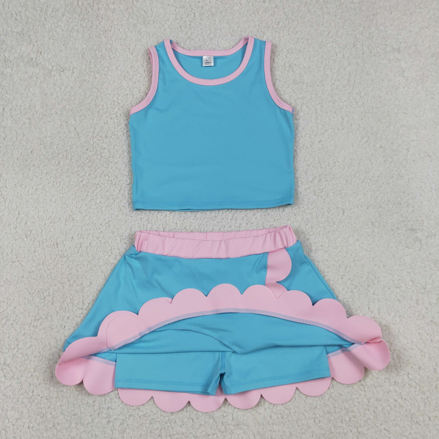 RTS NO MOQ yoga fabric cotton GSD4013 Yoga Baby Girls Cute Sleeveless Lake Blue Vest Scallop Skirt Yoga Set