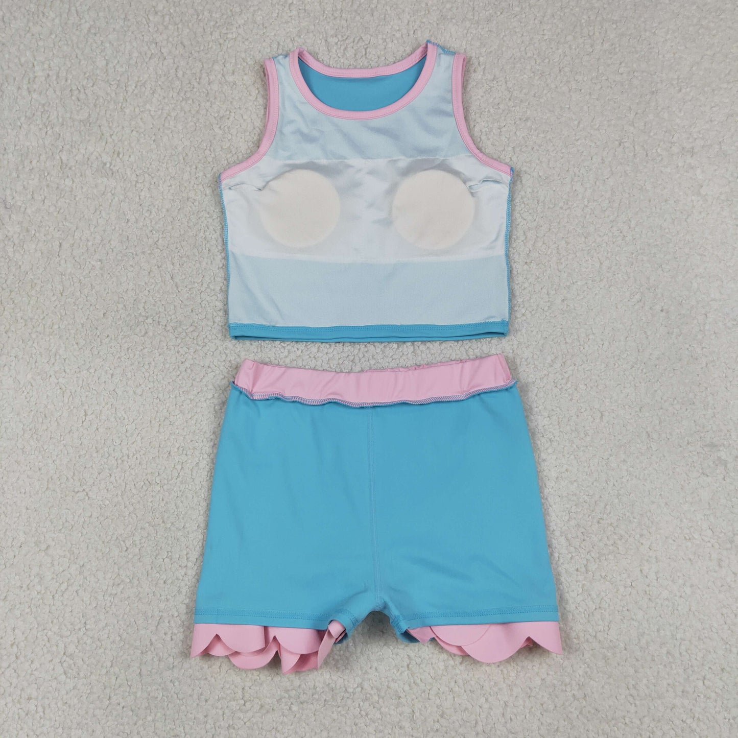 RTS NO MOQ yoga fabric cotton GSD4013 Yoga Baby Girls Cute Sleeveless Lake Blue Vest Scallop Skirt Yoga Set