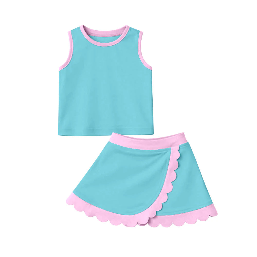 Best Sell Baby Girls Sleeveless Yoga Set Lake Blue Green Scallop Skirt Vest Active Short Outfit Preorder