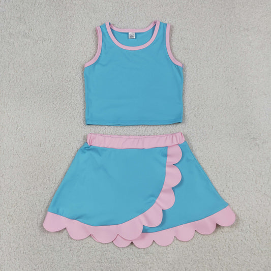 RTS NO MOQ yoga fabric cotton GSD4013 Yoga Baby Girls Cute Sleeveless Lake Blue Vest Scallop Skirt Yoga Set