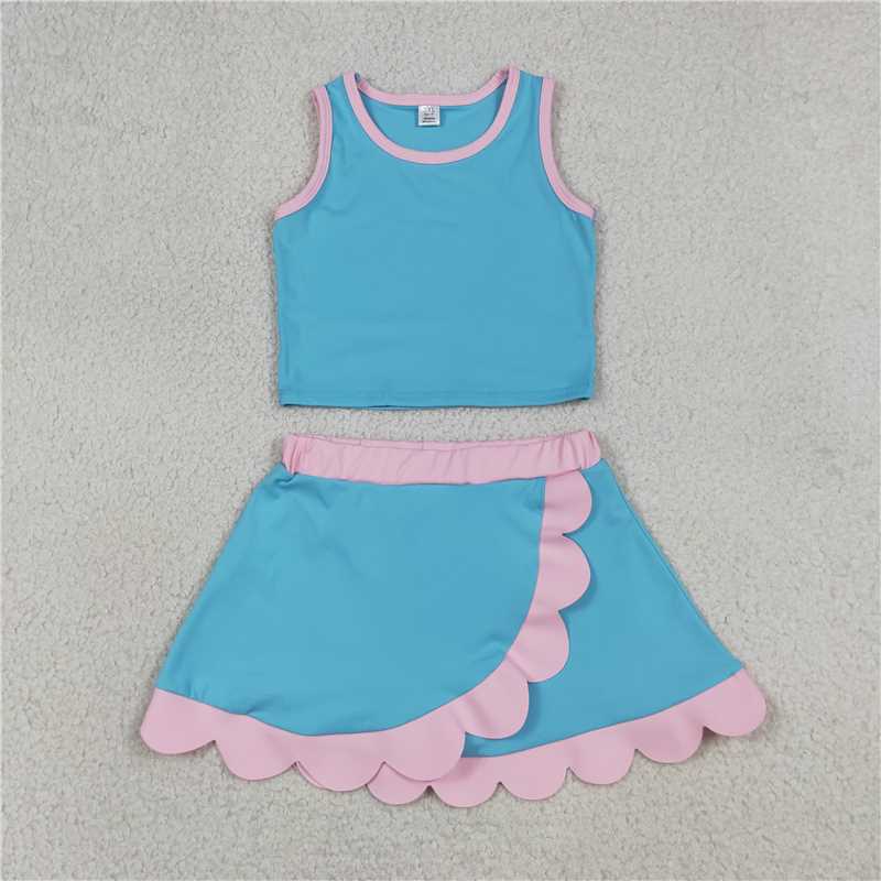 RTS NO MOQ Sibling yoga fabric Baby Girls Sleeveless Vest Scallop Skirt Short Yoga Active  Set