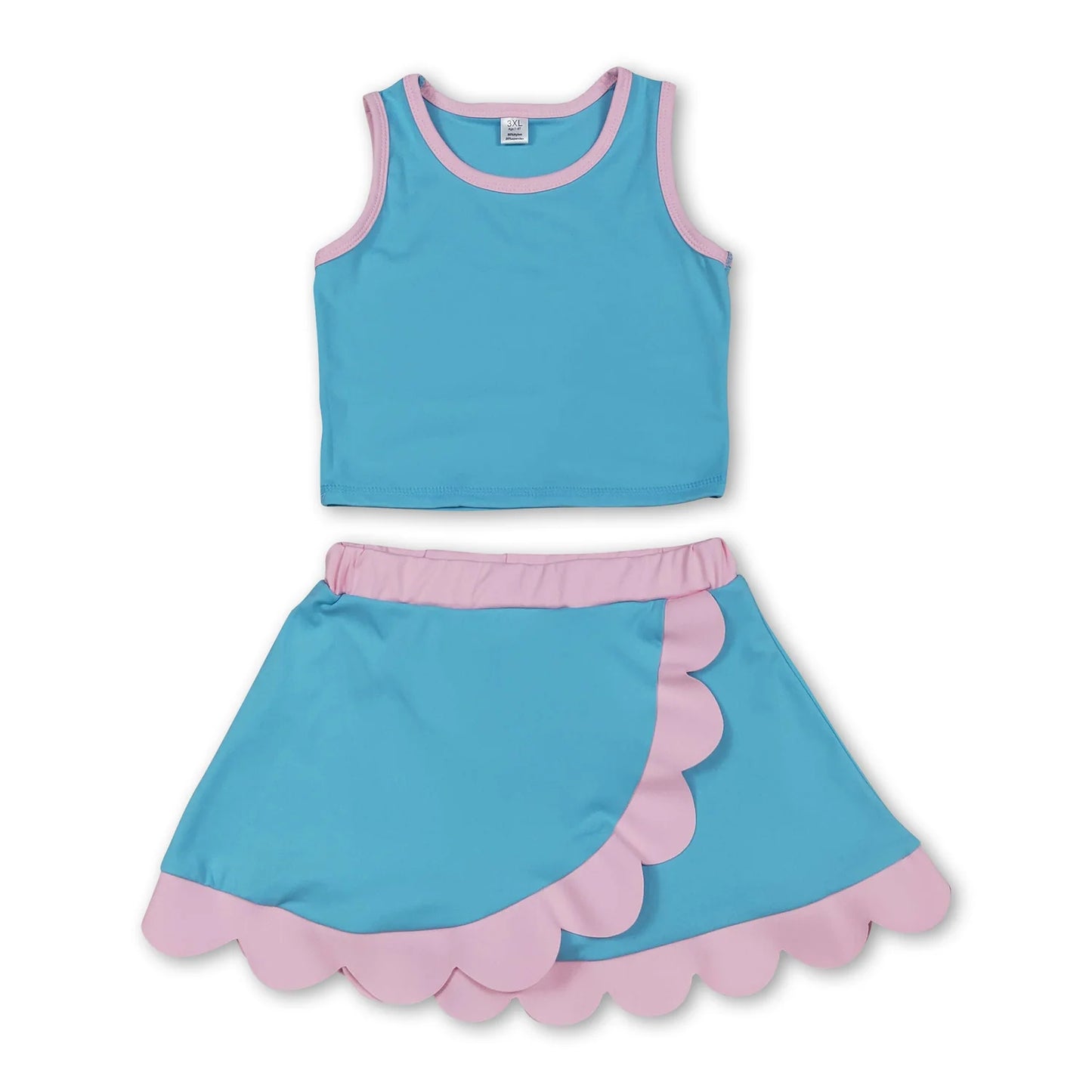RTS NO MOQ Sibling milk silk Baby Girls Solid Sleeveless Vest Top Scallop Hem Mini Skirt Two Piece Yoga Active Matching Clothes Set