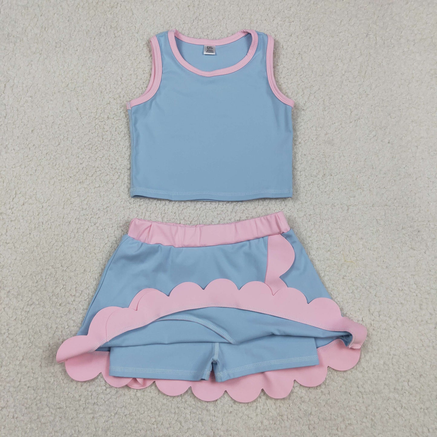 RTS NO MOQ yoga fabric cotton GSD4014 Yoga Baby Girls Solid Blue Sleeveless Vest Scallop Skirt Active Set