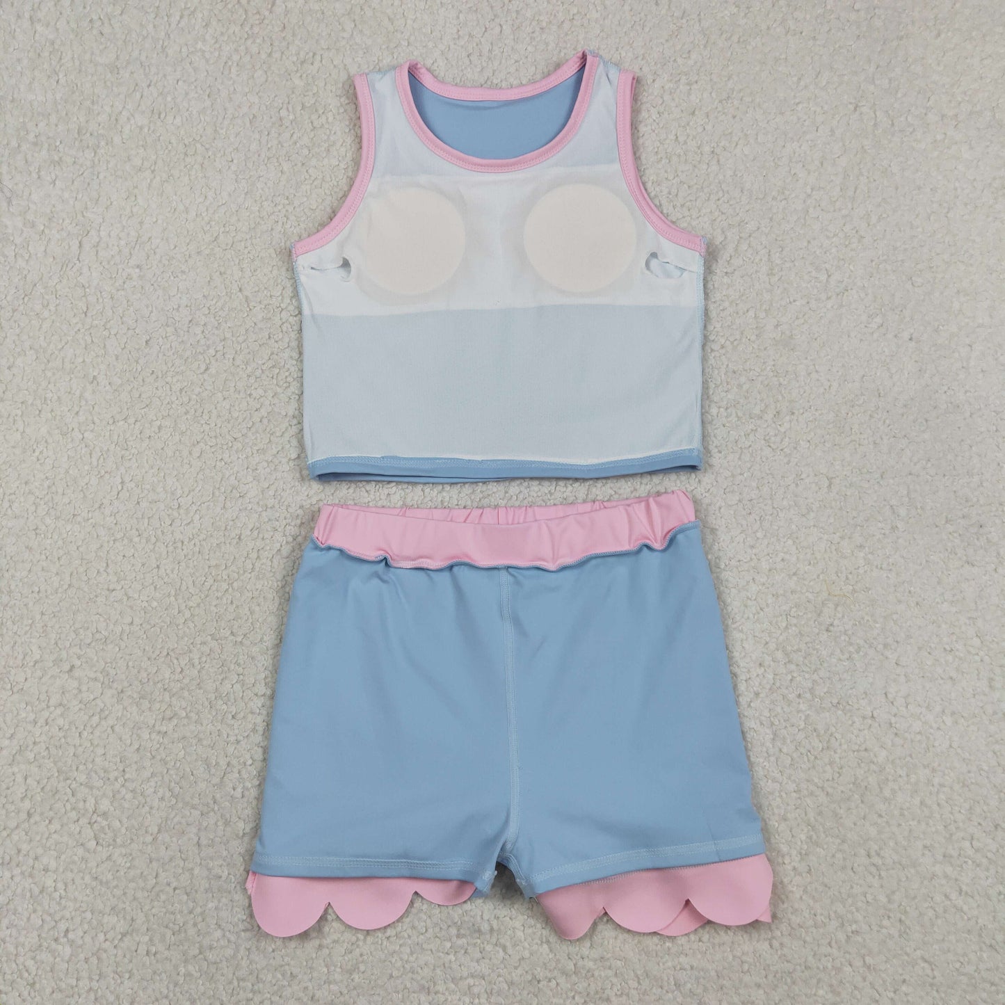 RTS NO MOQ yoga fabric cotton GSD4014 Yoga Baby Girls Solid Blue Sleeveless Vest Scallop Skirt Active Set