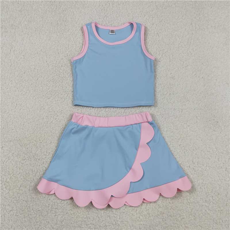 RTS NO MOQ Sibling yoga fabric Baby Girls Sleeveless Vest Scallop Skirt Short Yoga Active  Set