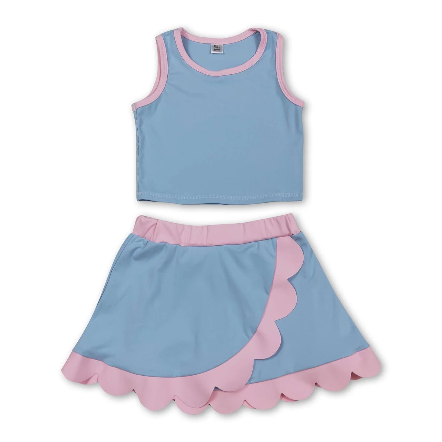 RTS NO MOQ Sibling milk silk Baby Girls Solid Sleeveless Vest Top Scallop Hem Mini Skirt Two Piece Yoga Active Matching Clothes Set