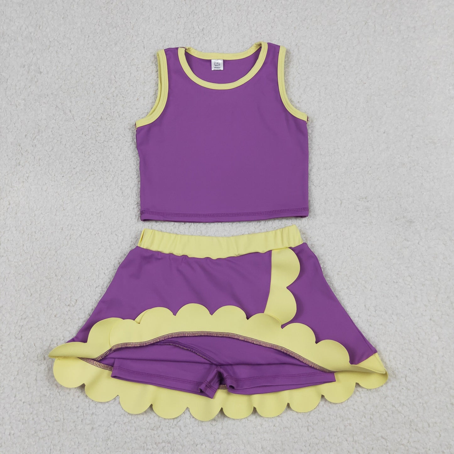 RTS NO MOQ yoga fabric cotton GSD4015 Baby Girls Purple Yellow Vest Scallop Skirt Yoga Set