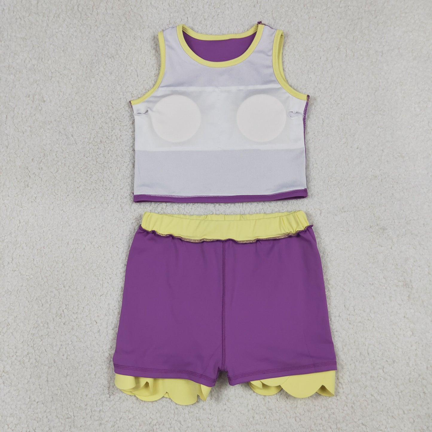 RTS NO MOQ yoga fabric cotton GSD4015 Baby Girls Sleeveless Purple Vest Scallop Skirt Short Yoga Active Clothes Set