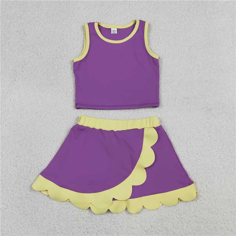 RTS NO MOQ Sibling yoga fabric Baby Girls Sleeveless Vest Scallop Skirt Short Yoga Active  Set