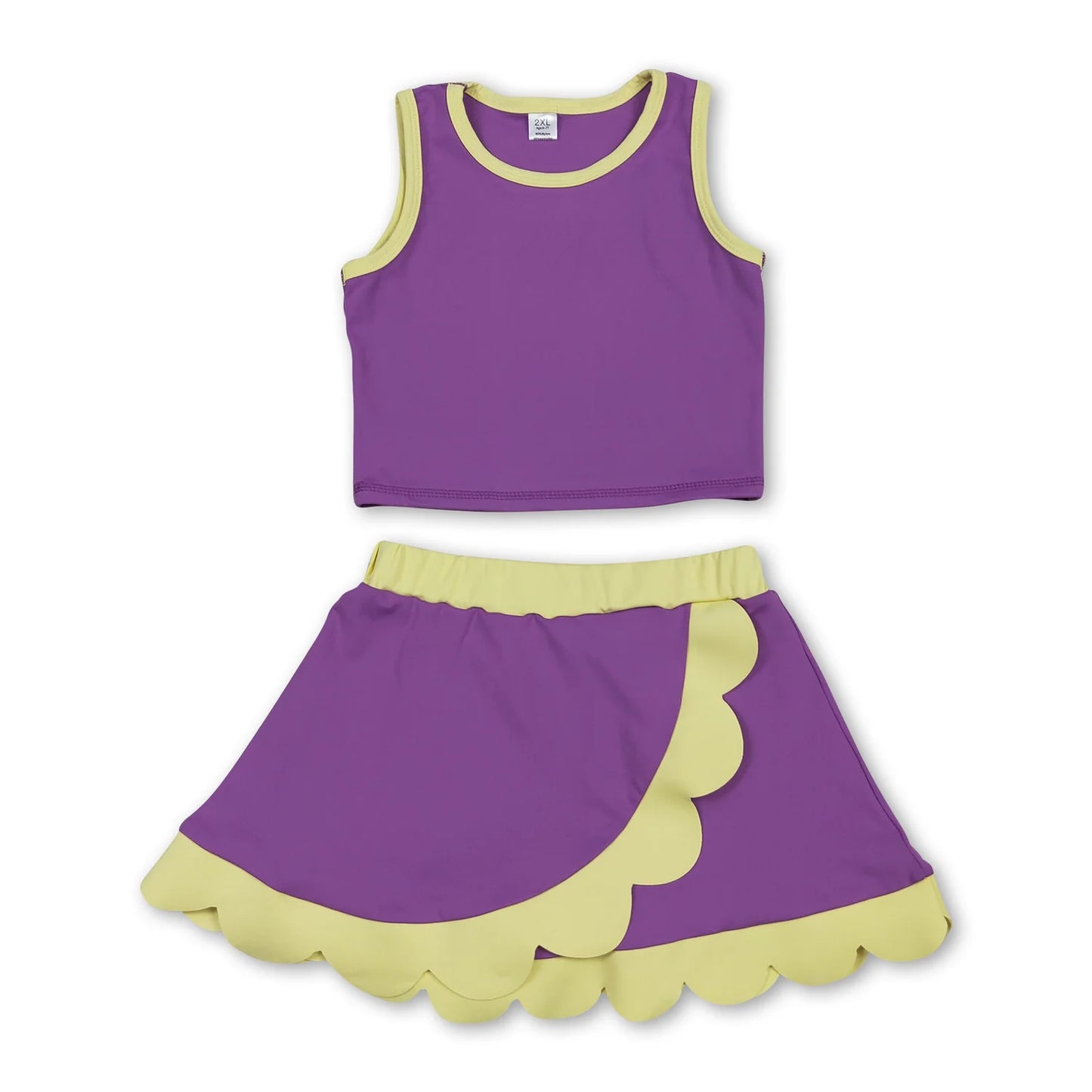 RTS NO MOQ Sibling milk silk Baby Girls Solid Sleeveless Vest Top Scallop Hem Mini Skirt Two Piece Yoga Active Matching Clothes Set