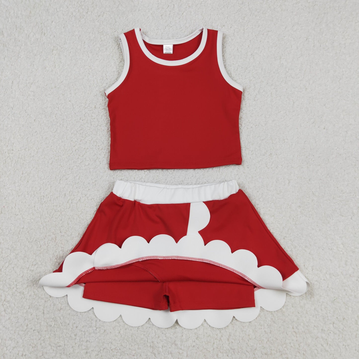 RTS NO MOQ yoga fabric cotton GSD4016 Baby Girls Yoga Active Red White Vest Scallop Skirt Clothes Set