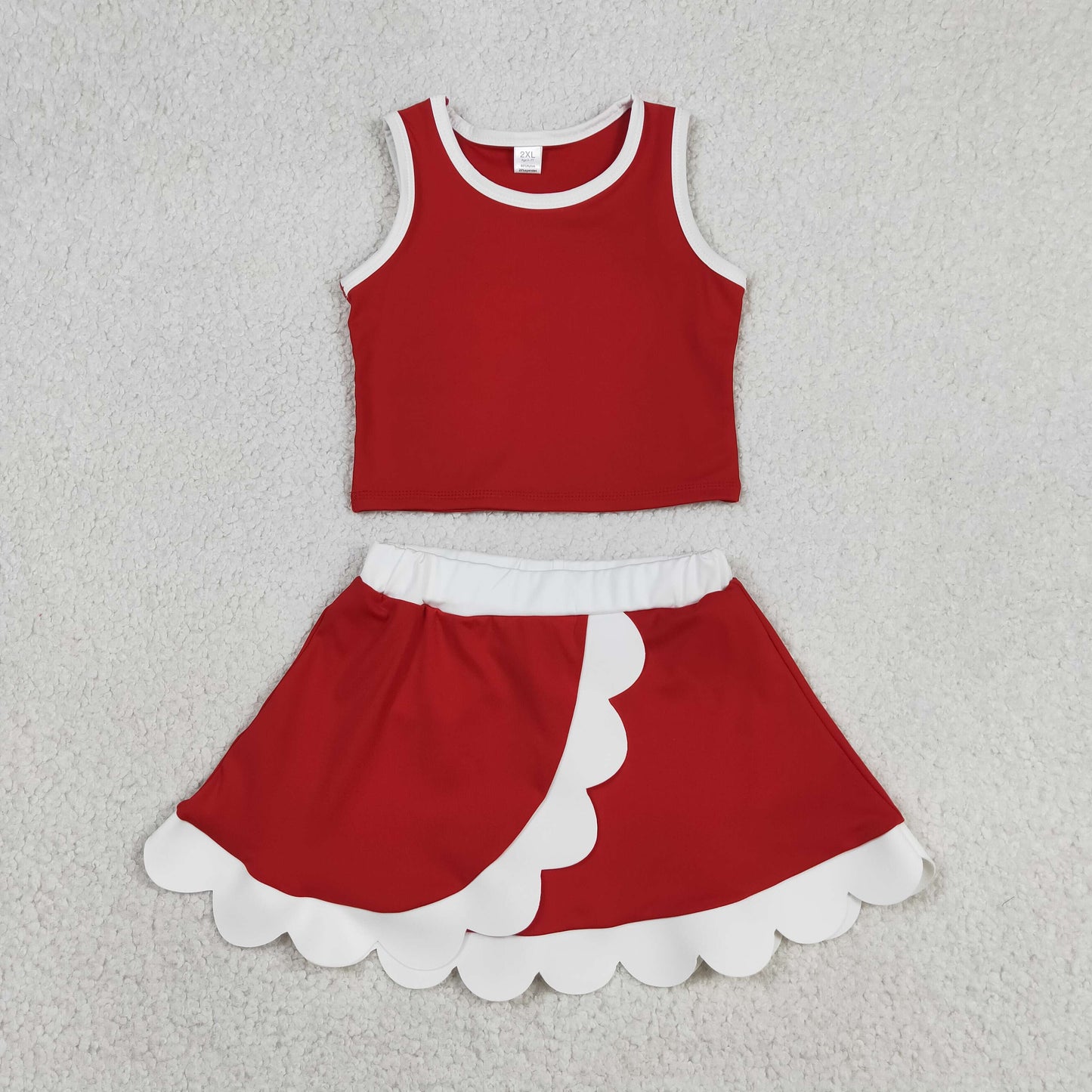 RTS NO MOQ yoga fabric cotton GSD4016 Baby Girls Yoga Active Red White Vest Scallop Skirt Clothes Set