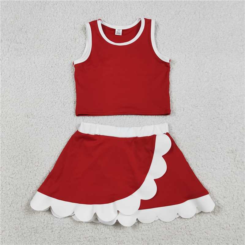 RTS NO MOQ Sibling yoga fabric Baby Girls Sleeveless Vest Scallop Skirt Short Yoga Active  Set