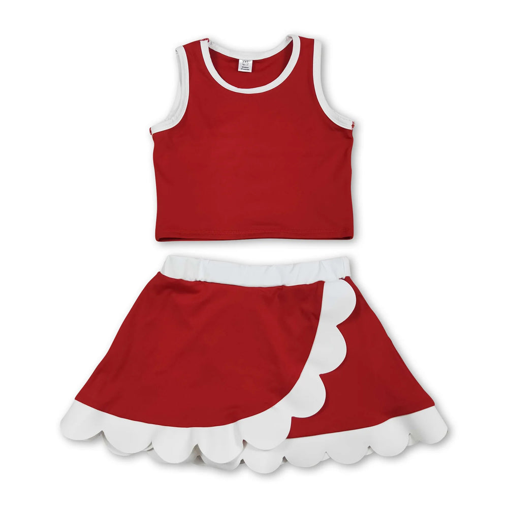 RTS NO MOQ Sibling yoga fabric cotton Baby Girls Red White Contrast Trim Sleeveless Summer Outfit Skort Shorts Wrap And A Line Dress