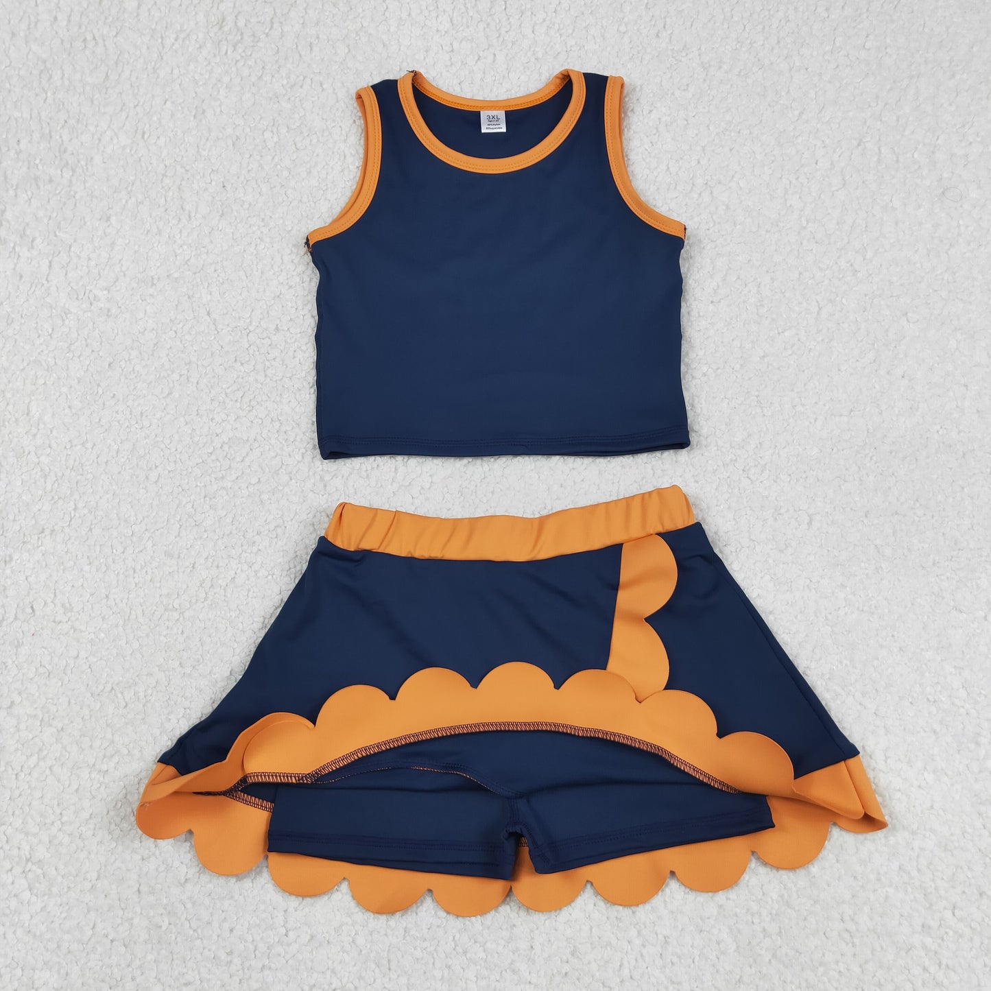 RTS NO MOQ yoga fabric cotton GSD4017 Baby Girls Navy Orange Vest Scallop Skirt Short Yoga Active Clothes Set
