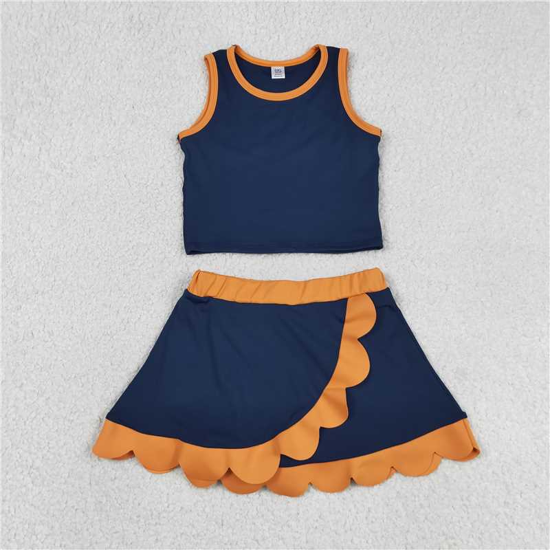 RTS NO MOQ Sibling yoga fabric Baby Girls Sleeveless Vest Scallop Skirt Short Yoga Active  Set