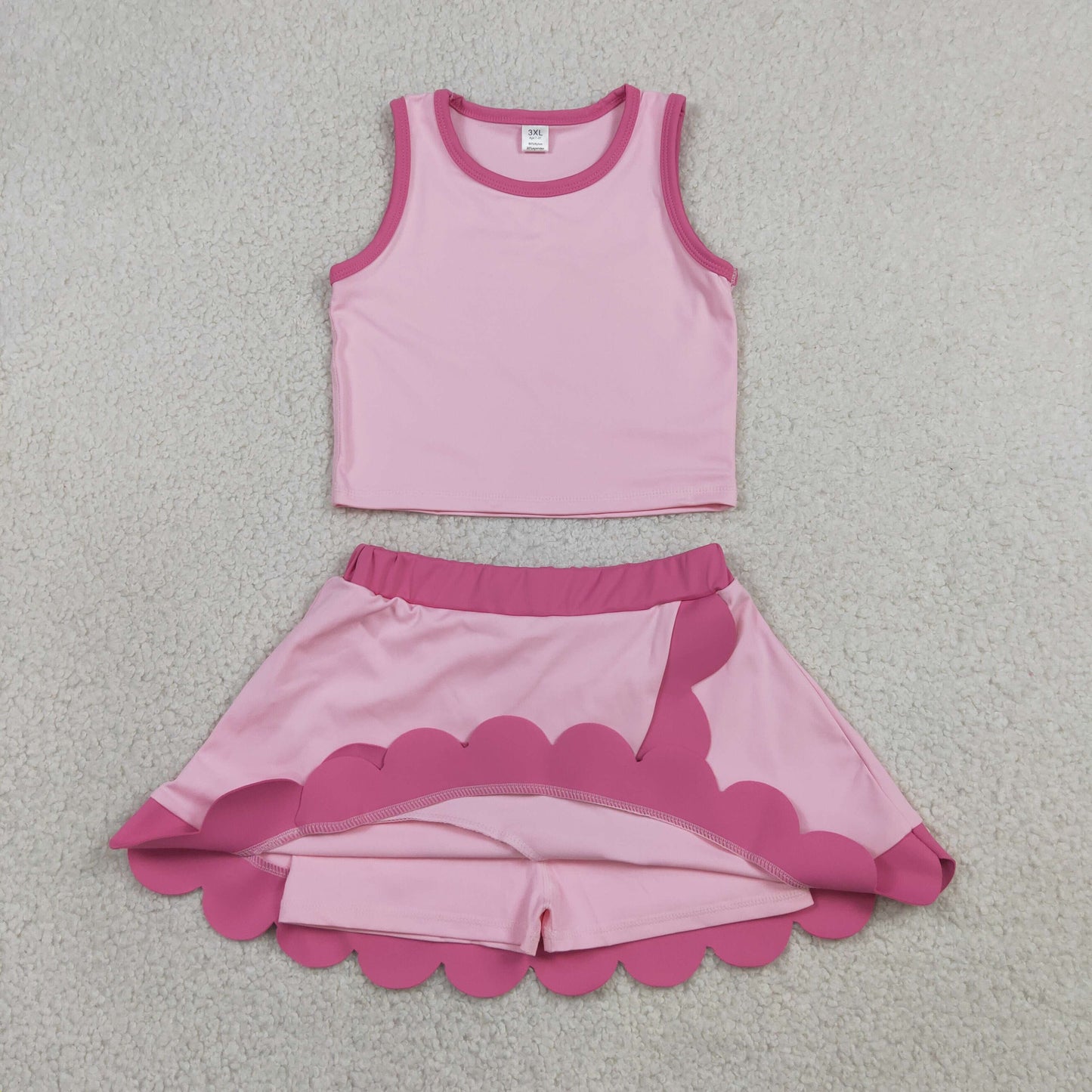 RTS NO MOQ yoga fabric cotton GSD4019 Baby Girls Cute Pink Sleeveless Vest Scallop Skirt Active Set