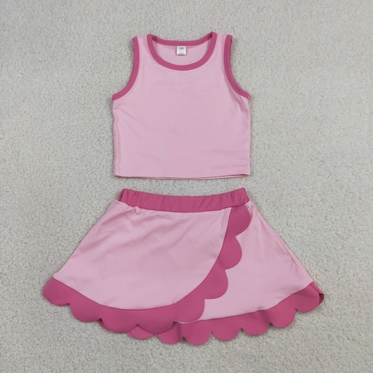RTS NO MOQ yoga fabric cotton GSD4019 Baby Girls Cute Pink Sleeveless Vest Scallop Skirt Active Set