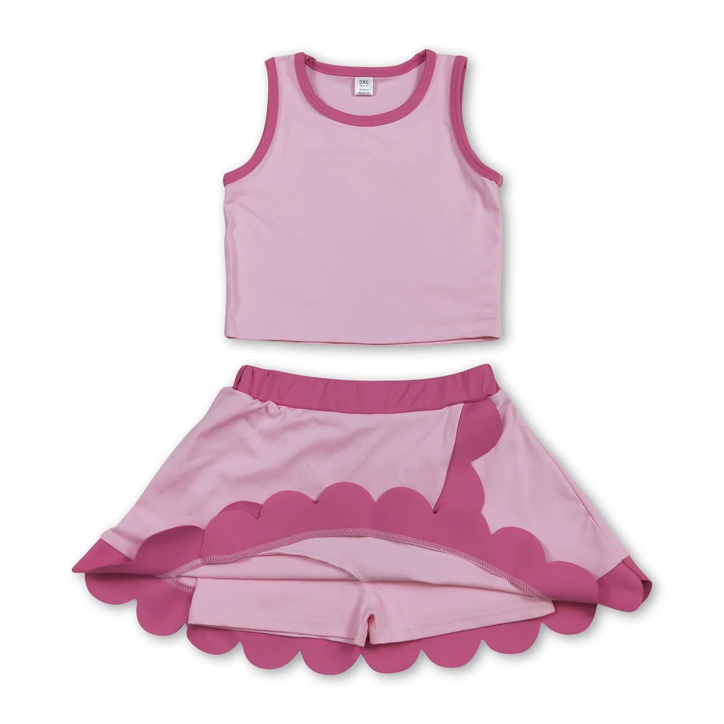 RTS NO MOQ Sibling milk silk Baby Girls Solid Sleeveless Vest Top Scallop Hem Mini Skirt Two Piece Yoga Active Matching Clothes Set