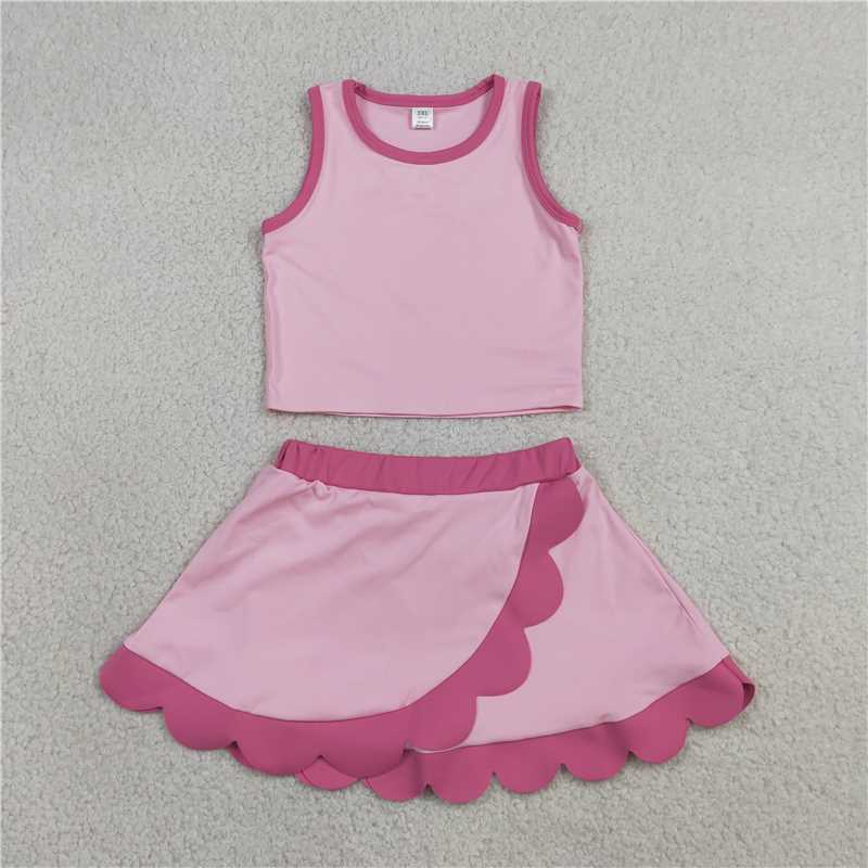 RTS NO MOQ Sibling yoga fabric Baby Girls Sleeveless Vest Scallop Skirt Short Yoga Active  Set