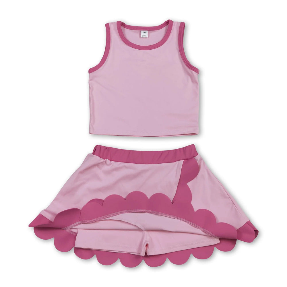 RTS NO MOQ Sibling cotton Baby Girls Pink Sleeveless Vest Scallop Skirt Yoga Active Set Short Knee Length Dress
