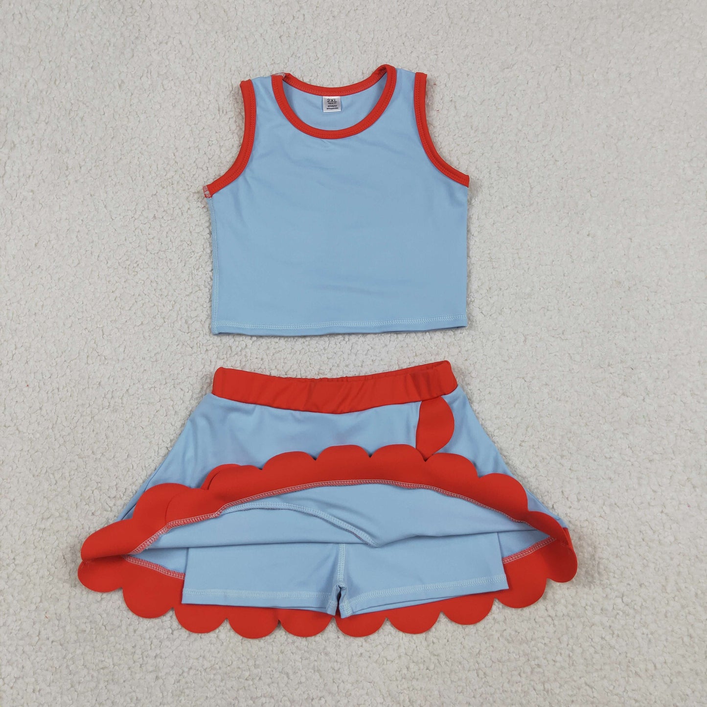 RTS NO MOQ yoga fabric cotton GSD4020 Baby Girls Cute Blue Red Sleeveless Vest Scallop Skort Active Set