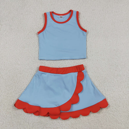 RTS NO MOQ yoga fabric cotton GSD4020 Baby Girls Cute Blue Red Sleeveless Vest Scallop Skort Active Set