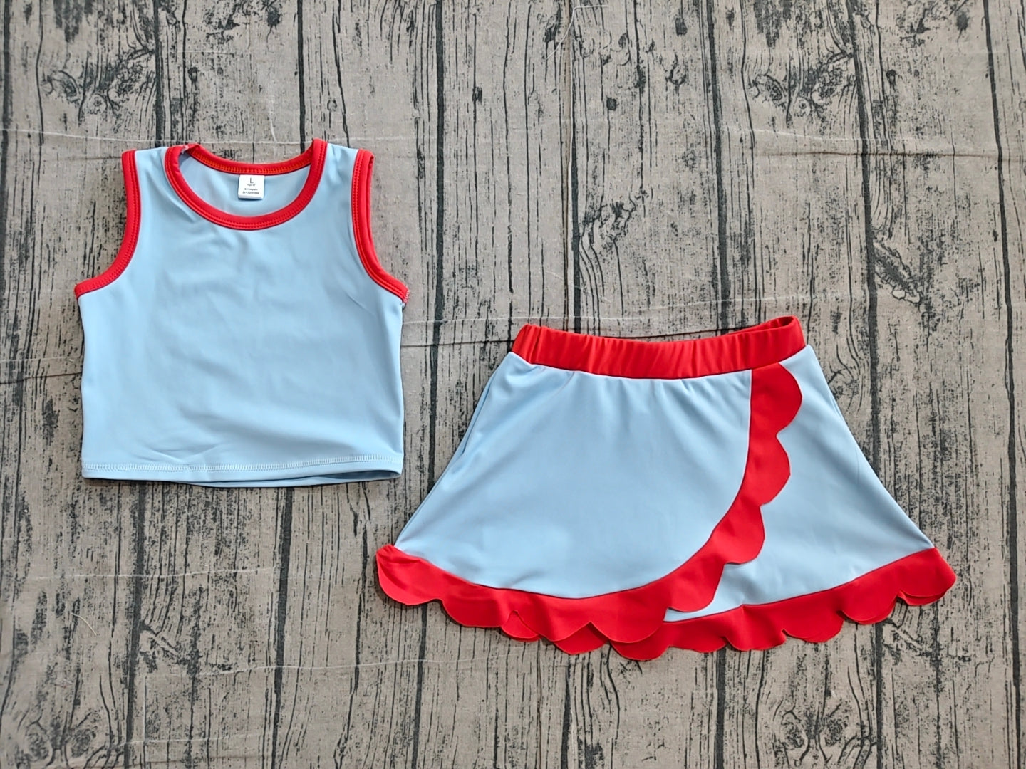 (Sample) No moq yoga fabric GSD4020 Yoga Baby Girls Blue Red Color Block Sleeveless Vest Scallop Hem Skirt Set