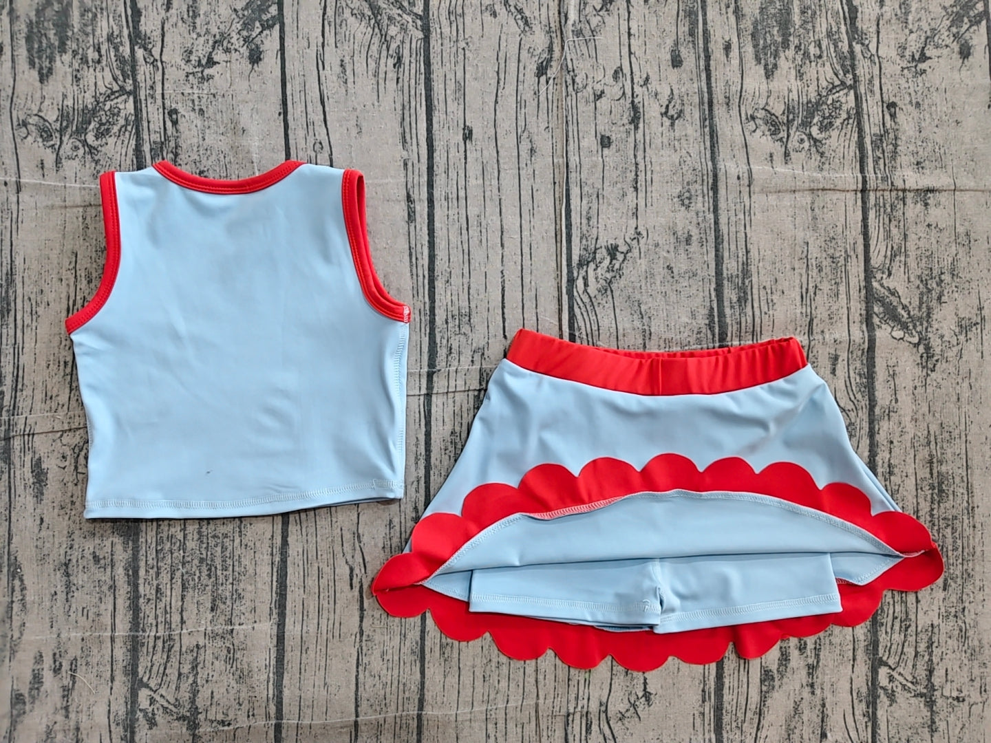 (Sample) No moq yoga fabric GSD4020 Yoga Baby Girls Blue Red Color Block Sleeveless Vest Scallop Hem Skirt Set