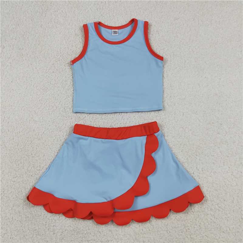 RTS NO MOQ Sibling yoga fabric Baby Girls Sleeveless Vest Scallop Skirt Short Yoga Active  Set