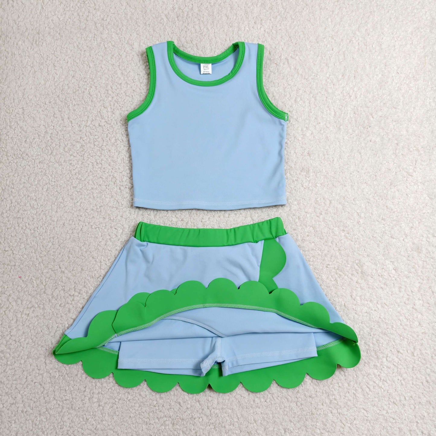 RTS NO MOQ yoga fabric cotton GSD4021 Baby Girls Cute Sleeveless Blue Green Vest Scallop Skirt Yoga Set