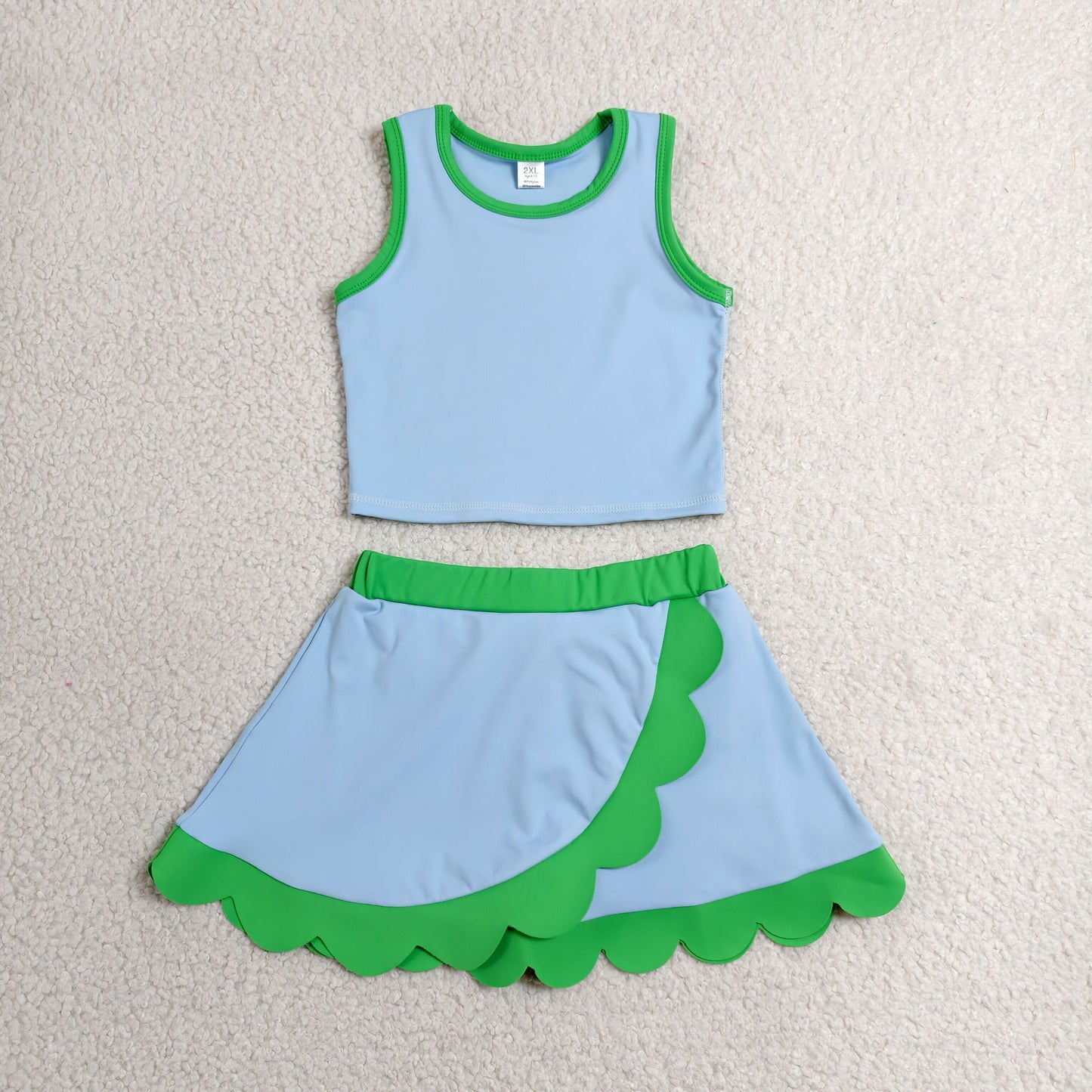 RTS NO MOQ yoga fabric cotton GSD4021 Baby Girls Cute Sleeveless Blue Green Vest Scallop Skirt Yoga Set