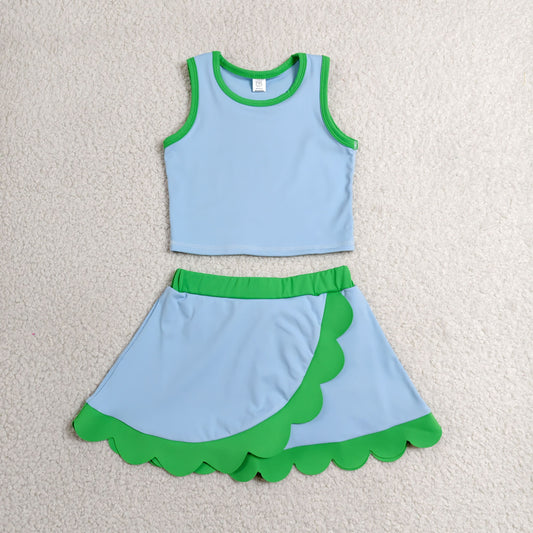 RTS NO MOQ yoga fabric cotton GSD4021 Baby Girls Cute Sleeveless Blue Green Vest Scallop Skirt Yoga Set