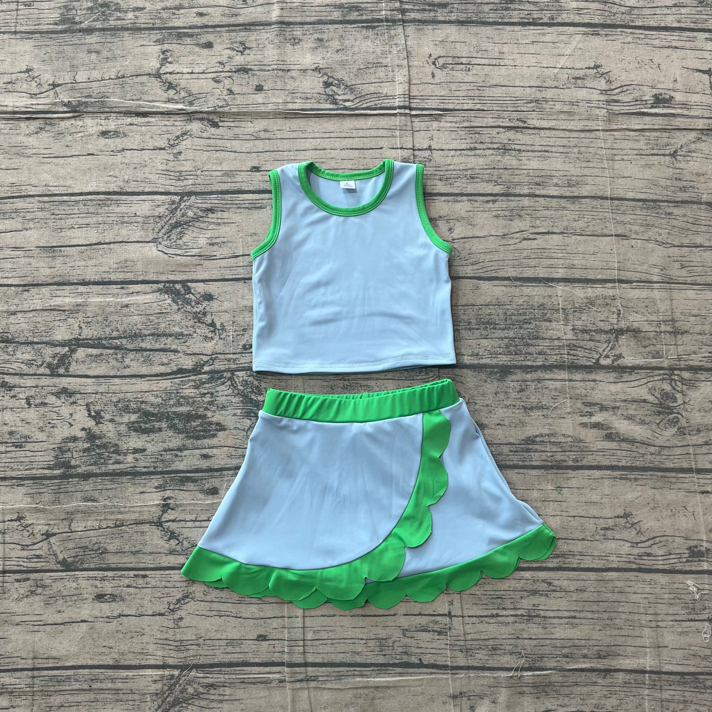 (Sample) No moq yoga fabric GSD4021 Yoga Baby Girls Cute Sleeveless Blue Green Vest Scallop Skirt Yoga Set