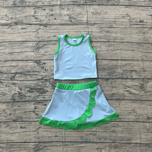 (Sample) No moq yoga fabric GSD4021 Yoga Baby Girls Cute Sleeveless Blue Green Vest Scallop Skirt Yoga Set