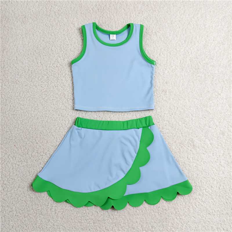 RTS NO MOQ Sibling yoga fabric Baby Girls Sleeveless Vest Scallop Skirt Short Yoga Active  Set