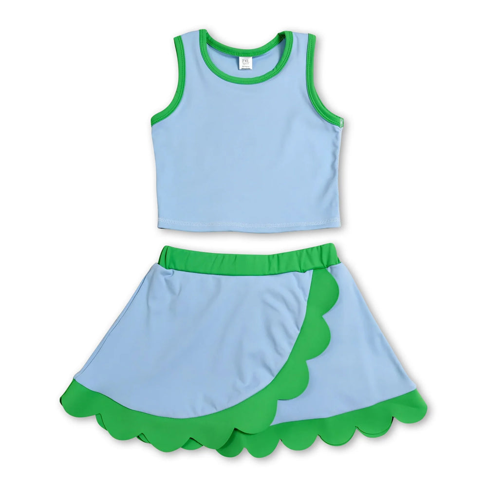 RTS NO MOQ Sibling cotton Baby Girls Green Blue Sleeveless Vest Scallop Skirt Yoga Active Set Short Knee Length Dress