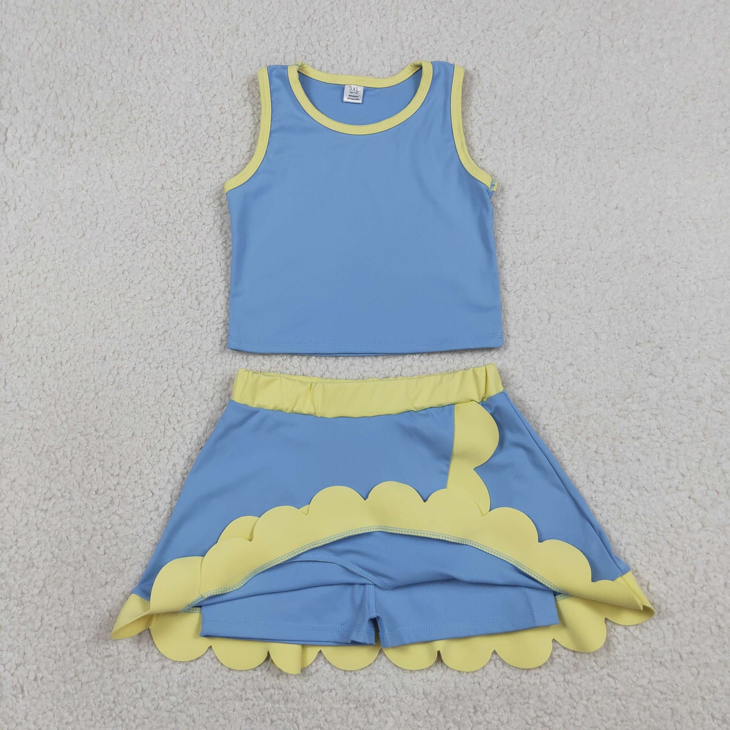 RTS NO MOQ yoga fabric cotton GSD4022 Baby Girls Sleeveless Blue Yellow Vest Scallop Skirt Short Yoga Active Clothes Set