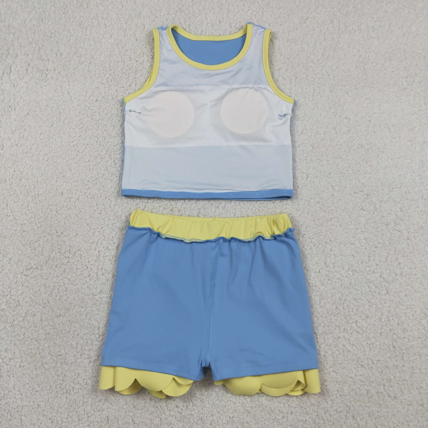 RTS NO MOQ yoga fabric cotton GSD4022 Baby Girls Sleeveless Blue Yellow Vest Scallop Skirt Short Yoga Active Clothes Set