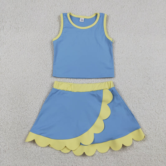RTS NO MOQ yoga fabric cotton GSD4022 Baby Girls Cute Blue Yellow Sleeveless Vest Scallop Skirt Active Set