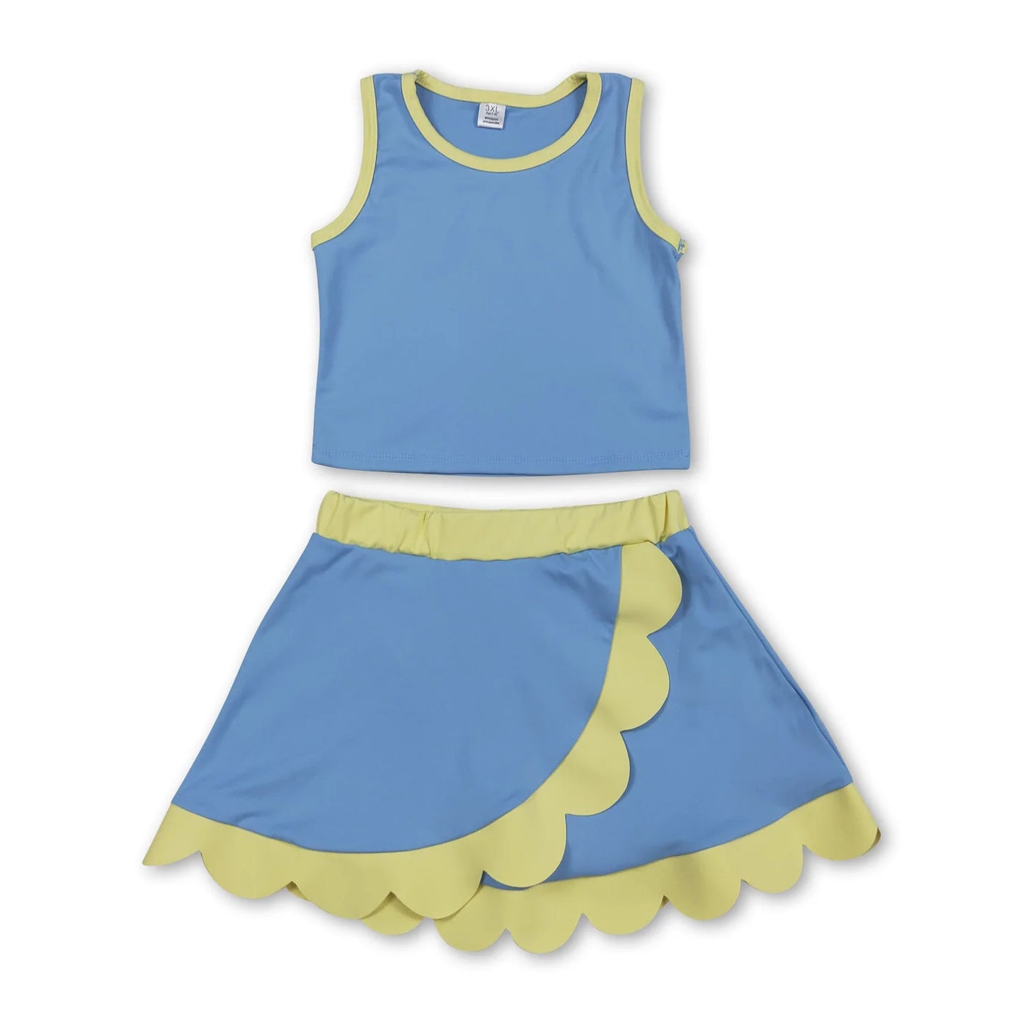 RTS NO MOQ Sibling milk silk Baby Girls Solid Sleeveless Vest Top Scallop Hem Mini Skirt Two Piece Yoga Active Matching Clothes Set