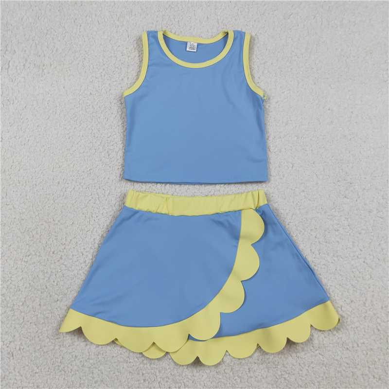 RTS NO MOQ Sibling yoga fabric Baby Girls Sleeveless Vest Scallop Skirt Short Yoga Active  Set