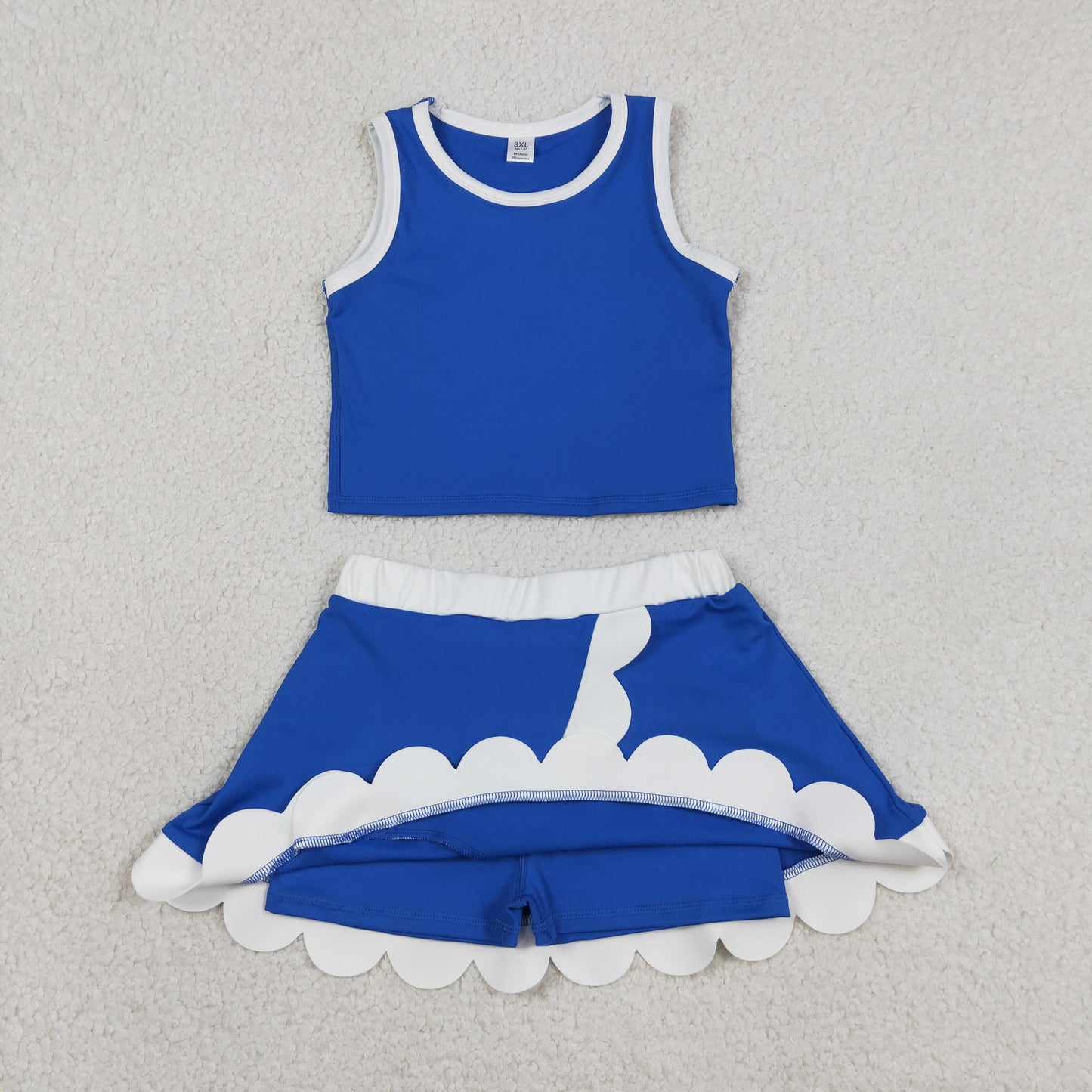 RTS NO MOQ yoga fabric cotton GSD4023 Baby Girls Yoga Active Blue White Vest Scallop Skirt Clothes Set